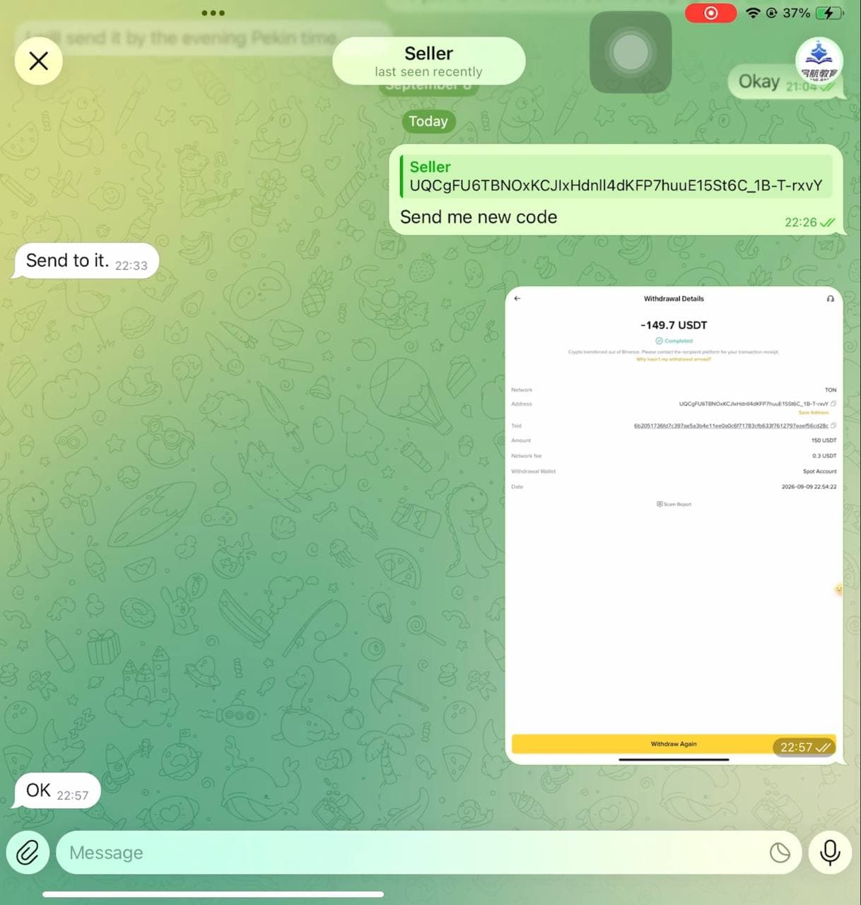 Pekin Exam Answers scam – Binance withdrawal 150 USDT to TON wallet after Seller says Send to it