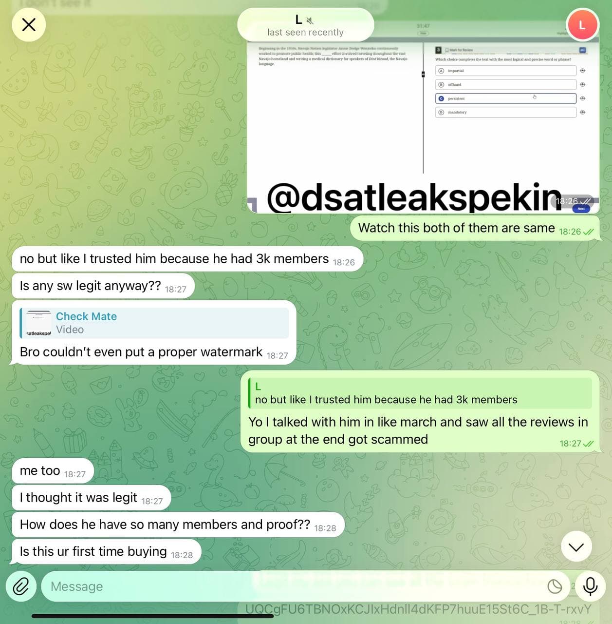 Pekin Exam Answers scam – stolen watermarked SAT leak video @dsatleakspekin, trusted him because he had 3k members